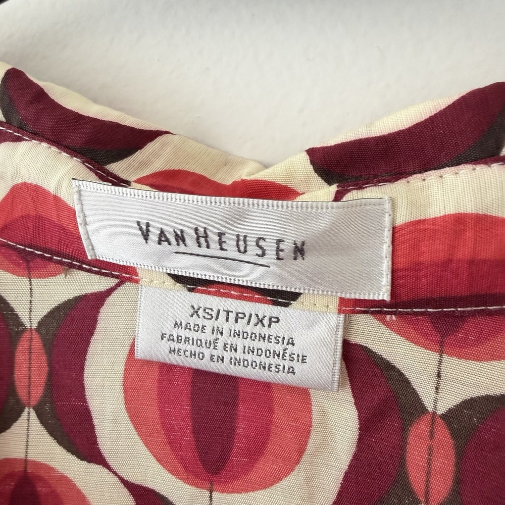 Mod Geometric Print Blouse Red Cream Retro Graphic‎ Button Up Statement Top XS - Picture 4 of 9